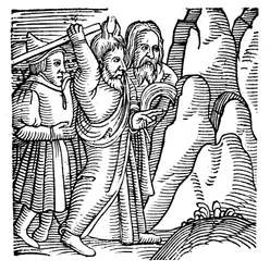 Moses schlägt den Felsen in der Wüste und bringt Wasser hervor, 1557