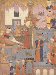 Muhammad belebt den kranken Jungen, Folio aus einem Falnama Buch der Omen von Ja