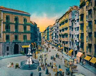 Neapel - Via Roma, Largo Carità mit Denkmal für Carlo Poerio, ca. 1900