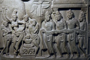 Nationalmuseum von Indien, Delhi. Szenen aus dem Leben Buddhas. Ikshvaku, 3. Jahrhundert n. Chr. Nagarjunakonda, Andhra Pradesh. Grauer Kalkstein. Detail. Indien.