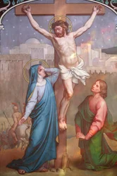 Notre-Dame de Paris Kathedrale Gemälde: Jesus am Kreuz schaut Maria an, Paris, Frankreich