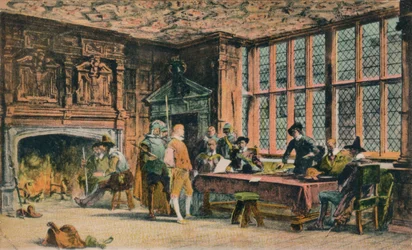 Oliver Cromwell verhört einen Gefangenen während der Verteidigung von Banbury. Der Globusraum von Ye Olde Reine Dee