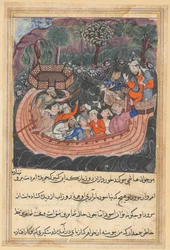 Seite aus Geschichten eines Papageis Tuti-nama: Achtundvierzigste Nacht: Der junge Mann aus Bagdad, ca. 1560