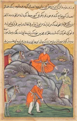 Seite aus den Geschichten eines Papageis Tuti-nama: Fünfundvierzigste Nacht: Der Amir tötet die Schlange..., um 1560