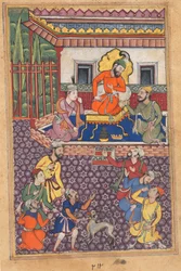 Seite aus den Geschichten eines Papageis Tuti-nama: Sechsundvierzigste Nacht: Der Hof des Raja von Ujjain, um 1560