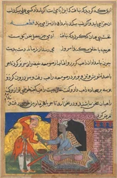 Seite aus Geschichten eines Papageis Tuti-nama: Zehnte Nacht: Der Mönch bringt den Zauberpapagei zurück..., ca. 1560