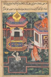 Seite aus den Geschichten eines Papageis Tuti-nama: Fünfunddreißigste Nacht: Der Sohn des Königs von Babylon, um 156