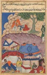 Seite aus Geschichten eines Papageis Tuti-nama: Vierundzwanzigste Nacht: Habbaza trifft Bashir, ca. 1560