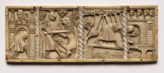 Tafel von einem Kästchen mit Szenen aus höfischen Romanzen