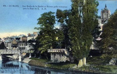 Pays de la Loire, Sarthe (72), Le Mans: die Ufer der Sarthe und die gallorömischen Ruinen nahe der „X-Brücke“ - Postkarte Ende 19.-20. Jahrhundert