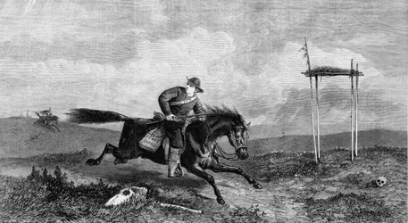 Pony-Express-Reiter überquert feindliches Gebiet, verfolgt von amerikanischen Ureinwohnern, 1861