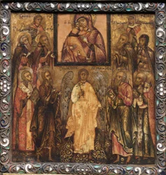Tragbares Triptychon-Ikone: Anbetung der wundertätigen Ikone der Muttergottes von Wladimir, 1600er