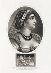 Porträt der Kleopatra (Thea Philopator, 69-30 v. Chr.), mit einer Szene ihrer Besteigung des ägyptischen Throns, umgeben von römischen Legionären