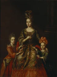 Porträt von Anastasiya Yakovlevna Naryshkina mit den Kindern Alexandra Kirillovna und Tatyana Kirillovna, frühes 18. Jahrhundert