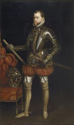 Porträt von Philipp II. 1527-1598 in Rüstung aus der Schlacht von Saint Quentin, frühes 17. Jahrhundert
