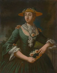 Porträt einer Frau mit Hut und Blumen