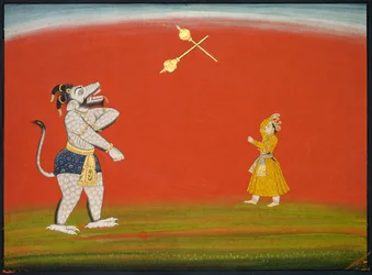 Pradyumna und Samvara kämpfen mit Keulen: Blatt aus dem Großen Basohli Bhagavata Purana, ca. 1760-1765