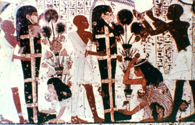 Reinigung der Mumien, Detail aus einer Tempelwandmalerei, Theben, Ägypten