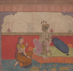 Radha spricht zu Krishna: Seite aus dem Boston Rasikapriya Liebesbrevier, ca. 1610