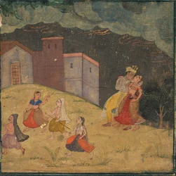 Radha und Krishna in einem Sturm, ca. 1615-1620