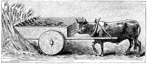 Rekonstruktion einer Erntemaschine, die im antiken Gallien zur Römerzeit verwendet wurde, wie von Plinius beschrieben, ca. 1890