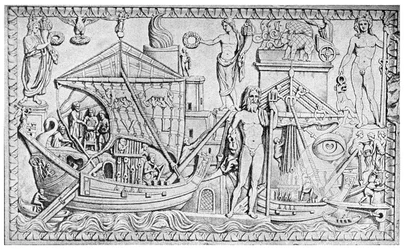Relief des römischen Leuchtturms in Ostia, Hafen von Rom, Italien, 1956
