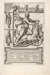 Relief mit Mithras, der auf einem Stier kniet und ein Schwert in seine Schulter treibt, links zw..., 1564