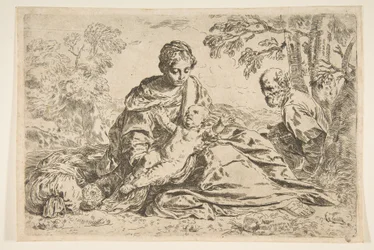 Ruhe auf der Flucht nach Ägypten, Maria hält das Jesuskind mit dem heiligen Josef