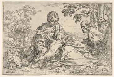 Ruhe auf der Flucht nach Ägypten, Maria hält das Jesuskind mit St. Joseph