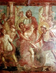 Römisches Wandgemälde von Achilles, der sich in Skyros versteckt, Haus der Dioskuren, Pompeji