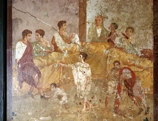Römische Wandmalerei eines Abendessens, Pompeji, Italien