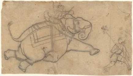 Laufender Elefant (recto), Übungsblatt mit Elefantenskizzen (verso), Mitte des 18. Jahrhunderts