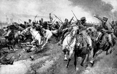 Russische Kosaken greifen die deutsche Armee an, Ostpreußen, Erster Weltkrieg, 1914