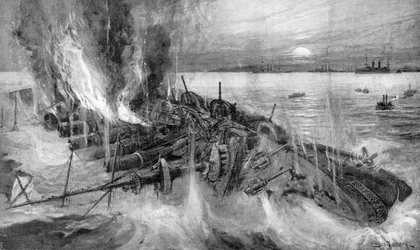 Russischer Kreuzer sinkt in der Schlacht von Cehmulpo, Russisch-Japanischer Krieg, 1904-5