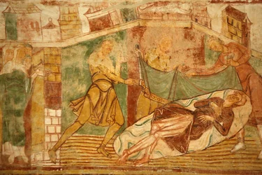 Abteikirche Saint-Savin-sur-Gartempe Gewölbemalerei: Alttestamentliche Szene mit Noah, Saint-Savin, Frankreich