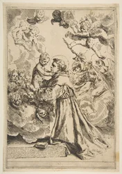 St. Antonius von Padua verehrt das Christkind in Herrlichkeit, Kopie nach Cantarini, ca. 1640 oder später