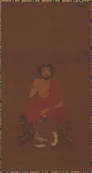 Sakyamuni auf drei dämonenartigen Kreaturen sitzend