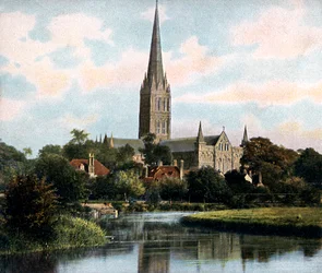 Kathedrale von Salisbury vom Fluss Avon aus gesehen, Salisbury, Wiltshire, frühes 20. Jahrhundert