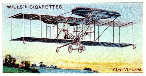 Samuel Franklin Cody, amerikanisch-britischer Flieger, fliegt Cody-Doppeldecker, um 1909