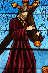 San Jeronimo Kirche. Buntglas. Jesus trägt sein Kreuz, Madrid, Spanien