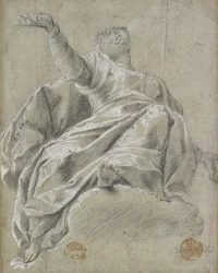 Sitzende weibliche Figur auf einer Wolke, nach oben blickend