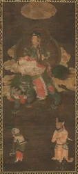 Shakyamuni-Triade: Buddha begleitet von Manjushri und Samantabhadra Bodhisattva mit Löwe, späte 1300er Jahre