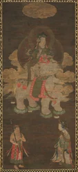 Shakyamuni-Triade: Buddha begleitet von Manjushri und Samantabhadra Bodhisattva mit Elefant