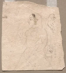 Skizze einer Frau mit einem Elefanten und anderen Tieren auf der Rückseite, 1700er