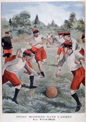 Soldaten der französischen Armee spielen Fußball, 1902
