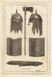 Souja Dowlas Helm mit Kettenhaube 2,3, Streitaxt 1, Brustpanzer und Rückenstück 4,5 und Armpanzer 6