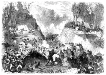 Spanische Truppen kämpfen gegen die Menschen von Santo Domingo im Pass von Monte Christi, 1864