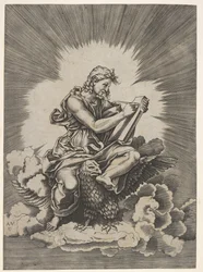 St. Johannes, sitzend und ein Schreibgerät haltend, ein Adler mit ausgebreiteten Flügeln, nach 1518