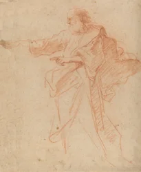 Stehender bärtiger Mann, der nach links zeigt