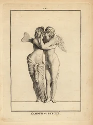 Statue des griechischen Gottes der Liebe Eros und der sterblichen Prinzessin Psyche, die sich küssen
